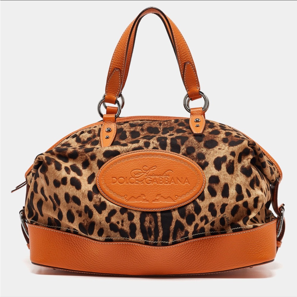 Dolce & Gabbana Leopard Print Satchel with Orange Leather Trim